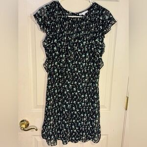 DR2 Daniel Rainn Floral Print Ruffle‎ Trim Belted Dress Black Aqua Size Small